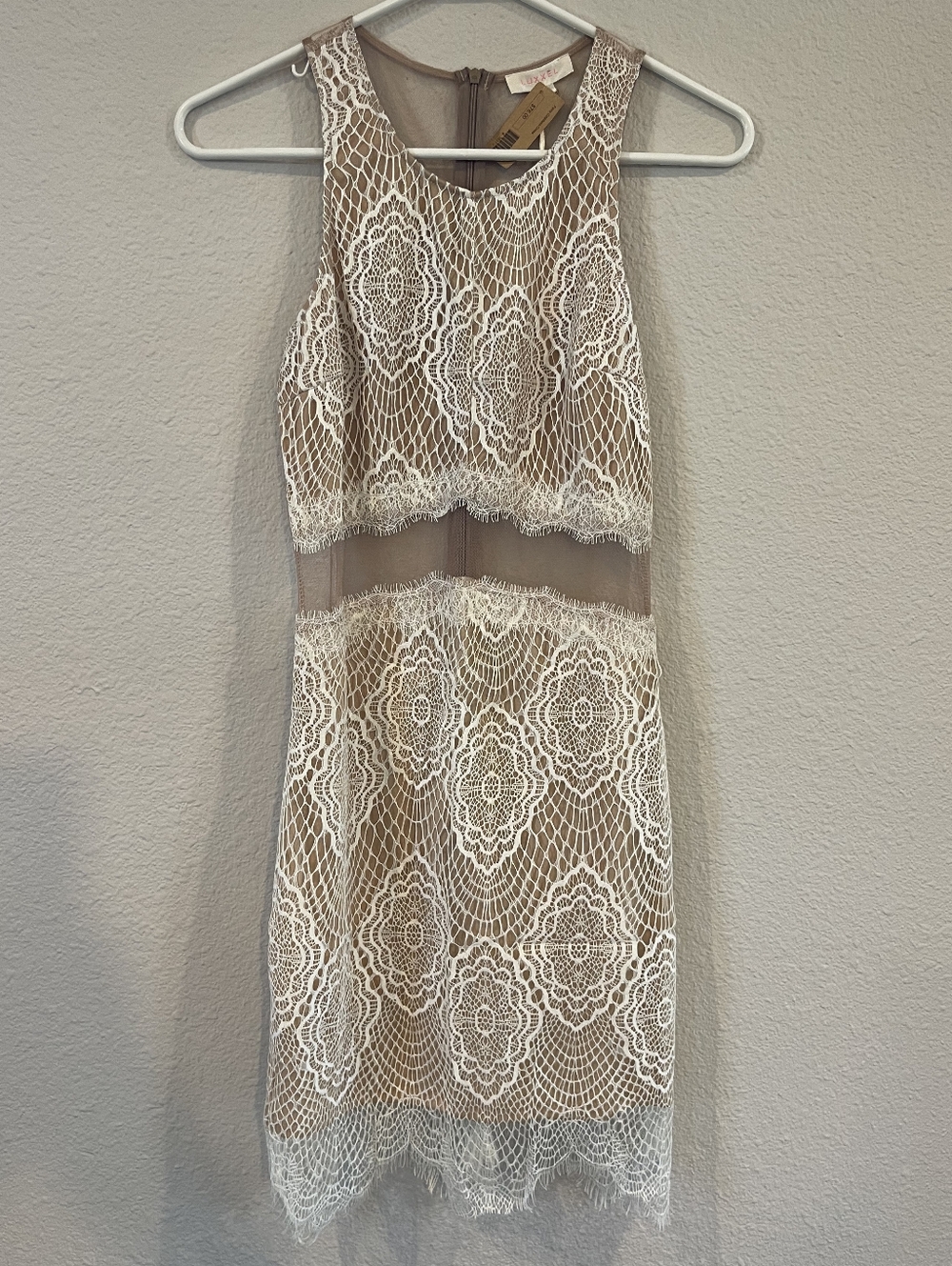 NWT LUXXEL Womens White Tan Nude Fairy Goddess Mesh Lace Mini Dress Size Medium